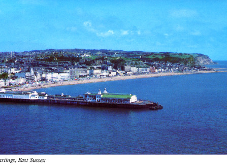 Aerial colour post card of Hastings Pier