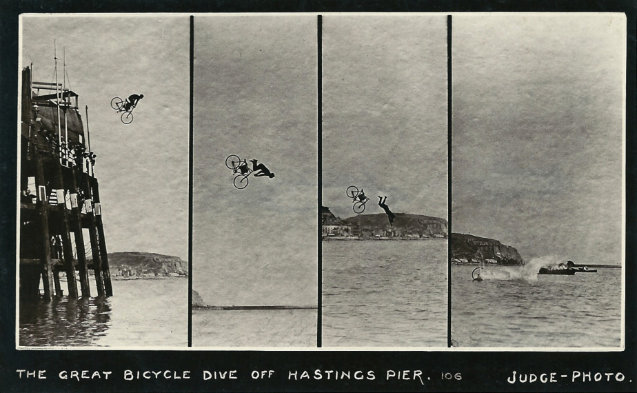 1907-1914 postcard of Professor Davenport and the great bicycle dive